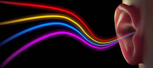 Human ear with incoming vibrations in different frequencies - 3d illustration