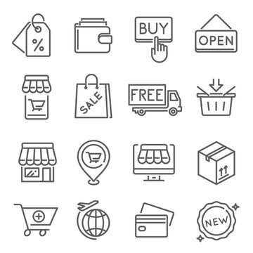 Internet shopping, free delivery thin line icons set isolated on white. Discount, sale pictograms.