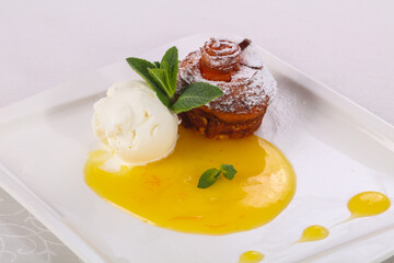 Tasty hot muffin with ice cream