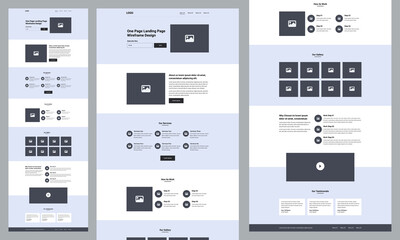 One page landing website design template for business. Landing page ux ui wireframe. Flat modern responsive design. website: home, about, services, features, subscribe, video, footer. - obrazy, fototapety, plakaty