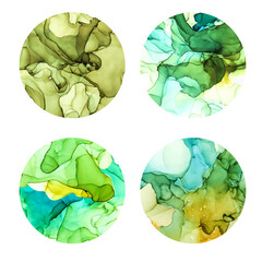 Round posters set, wet watercolor background, green shades