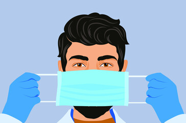 Coronavirus infection prevent. Medical mask. Doctor in hospital protect. How to put mask on face. Young man showing how to use mask.
