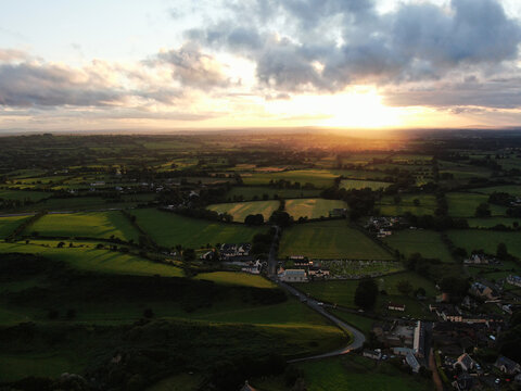 WICKLOW, IRELAND - JULY 25, 2020: An aerial view of the sun setting over Hollywood village.