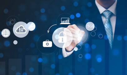 Businessman Touching line control in graph Screen Icon of a media screen, idea Technology Process System Business concept.