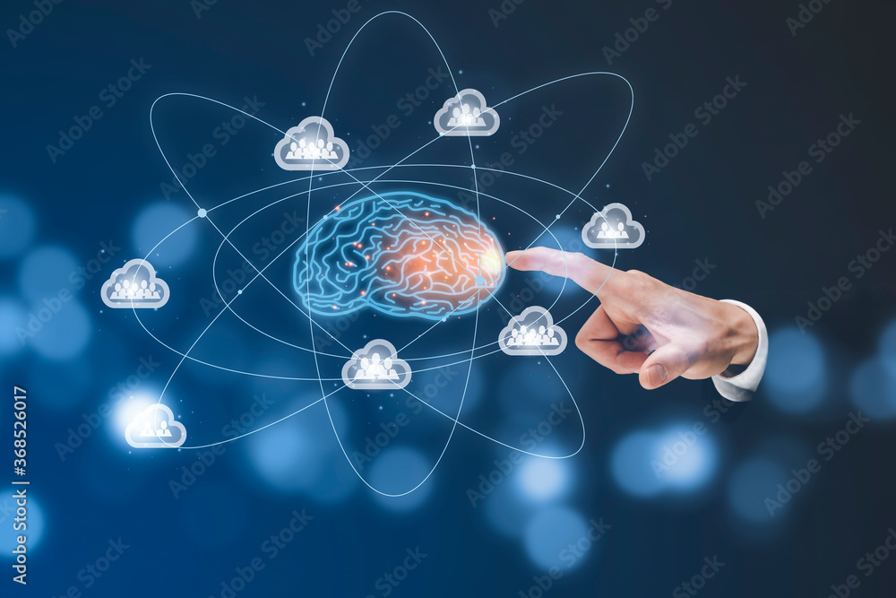 Poster businessman touch brain with cloud and people icon in the dark background in graph screen icon of a 