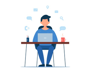 Man working at laptop with icons around. Freelance, home office, remote work