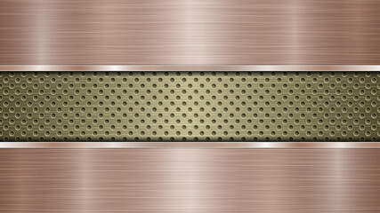 Background of golden perforated metallic surface with holes and two horizontal bronze polished plates with a metal texture, glares and shiny edges