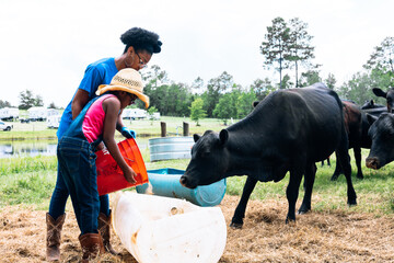Generation Z kids feeding cattle on family farm
