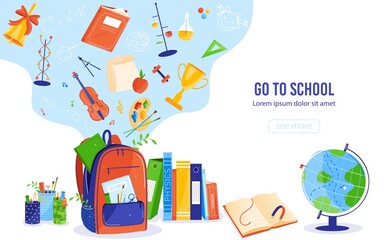 School objects vector illustration. Cartoon flat creative education banner design with school college stationery tools and supplies in student backpack, open book or textbook, globe, golden trophy