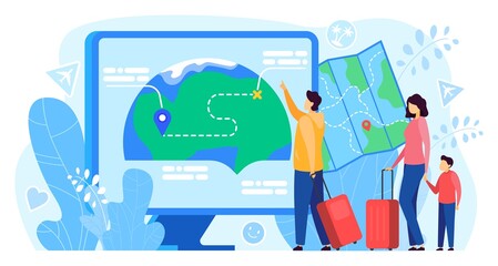 Travel route app vector illustration. Cartoon flat traveler tourist family people using map application on computer screen, for pin location, navigation and routing tracking road isolated on white