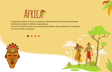 Ethnic tribe of Africa vector illustration. Cartoon flat man woman tribal characters, African villagers in traditional clothing dress standing together, ethnicity symbols of African art culture banner