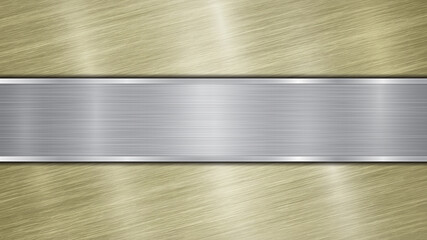 Background consisting of a golden shiny metallic surface and one horizontal polished silver plate located centrally, with a metal texture, glares and burnished edges