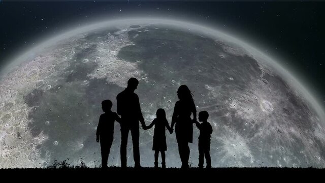 A Silhouette of a Lovely Family Standing on the Edge and Watching on the Traveling Moon Around the Earth. A Close Up of the Slowly Spinning Moon. Moon Rising Over the Horizon on Sky Up.