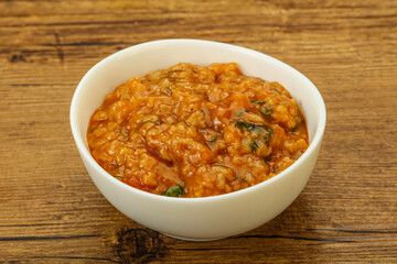 Traditional Georgian Kharcho soup with meat