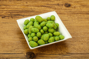 Spicy wasabi peanuts in the bowl