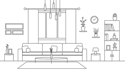 Linear sketch of living room interior. Outline home design. Coloring page