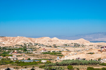 View of the northern part of the city of Jericho. Photograph from Mount Temptation. West Bank, Palestine, Israel. Valley of the Jordan River.