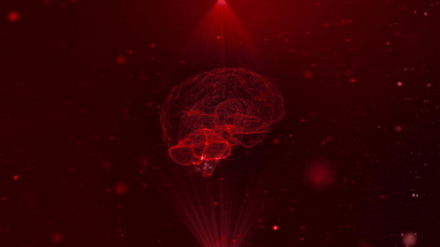 AI. Animated three-dimensional model of the brain in the rays of red. Looping animation loop. The concept of new technologies in science and medicine. 3d rendering.