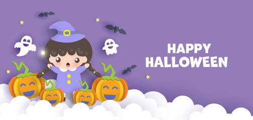 Happy halloween banner in paper cut style with cute witch pumpkin and ghost.