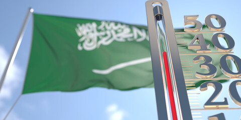 Thermometer shows high air temperature against blurred flag of Saudi Arabia. Hot weather forecast related 3D rendering