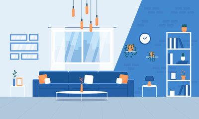 Modern living room design with furniture, loft interior in blue color with sofa