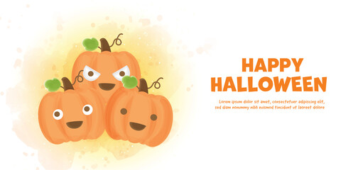 Happy Halloween banner with cute pumpkins in water color style.