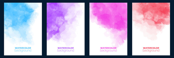 Set of cards with watercolor background. Colorful collection of poster, flyer, business card, wedding invitation template. Vector illustration. Hand drawn blots, splash on white paper. Save the date.