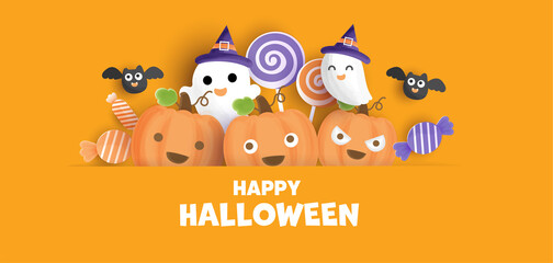 Happy Halloween banner with cute pumpkins.