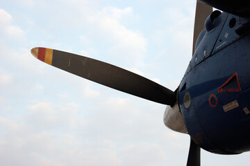 Closeup of propeller airplane engine in Kathmandu airport, Nepal