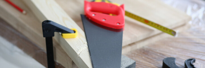 Workbench with wooden blocks and carpentry tools