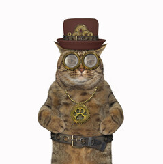 The beige steampunk cat is in a hat, metal belt and glasses. White background. Isolated.