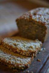 slice of homemade banana bread pudding on wooden table