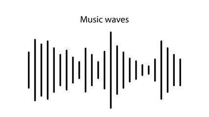 Black lines of different sizes on a white background with the inscription music waves. Sound waves illustration design template. Vector sound wave icon