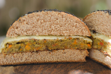 closeup homemade veggie burguer with ptatoes