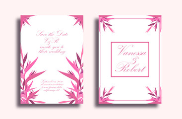 Wedding invitation with floral elements. Invitation template with pink leaves