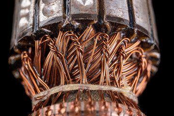 Electric rotor winding. Close-up of the copper cables on the rotor winding.