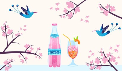 Tropical birds, summer drinks vector illustration. Cartoon summer fresh drinking soda cocktail, cute floral pink flowers on tree branches and exotic flying birds, summertime tropic holiday background