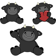 cute little baby black bull cartoon sitting set collection in vector format