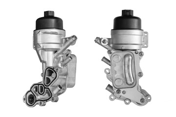 Engine oil filter housing with cooler on a white background