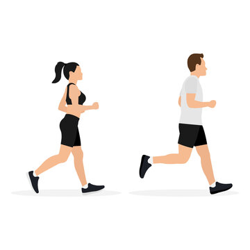 Man and woman in sportswear are running isolated on white background. Vector illustration in flat design