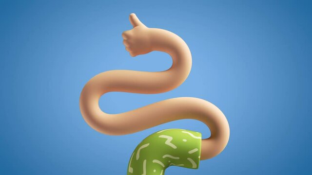 3d funny cartoon character flexible boneless hand appears, thumb up, isolated on blue background. Like gesture. Best offer recommendation concept