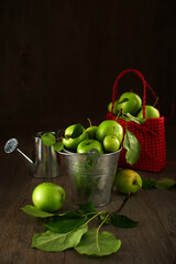Bucket with apples, watering can, bag full of apples on a wooden table