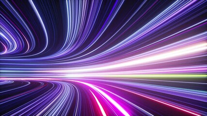 3d abstract neon background, tunnel turning to left, ultra violet rays, glowing lines, virtual reality, speed of light, space and time strings, highway night lights. Seamless looping animation - Powered by Adobe