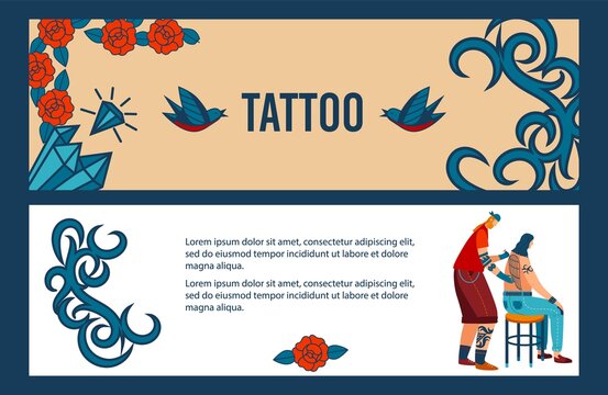 Tattoo artist at work vector illustration. Cartoon flat man tattooist character working, tattooing and making professional creative body old style art, using decorating machine in studio banners set