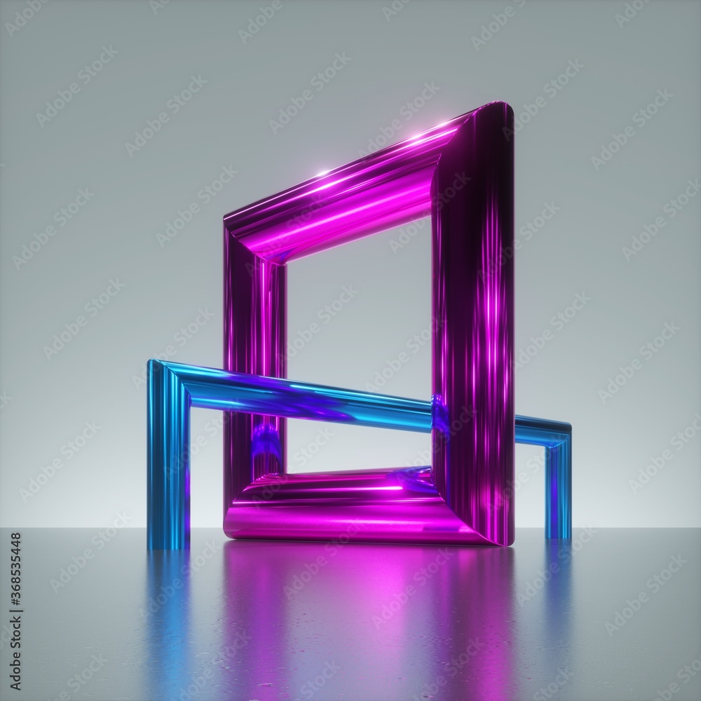 Poster 3d render, abstract primitive geometrical shapes, pink blue square metallic frames linked, glossy ch