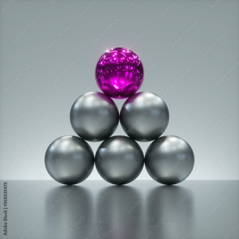 Poster 3d render, abstract modern minimal geometric background, one glossy pink ball on top of the triangul