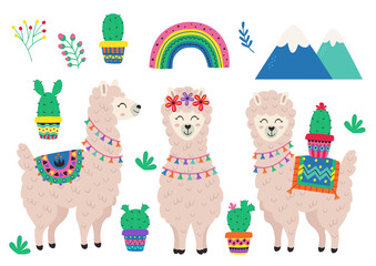 set of isolated cute llama and cactus -  vector illustration, eps © nataka