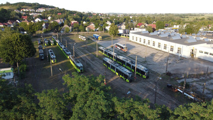 tram depot in Poland. Grzow. Trams from drone