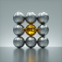 3d render, abstract modern minimal background, one glossy gold ball in the middle of square matrix of silver metallic balls. One of a kind concept. Geometric primitive shapes, assorted spheres