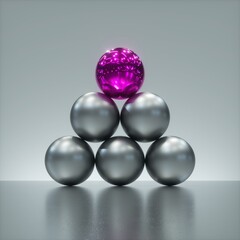 3d render, abstract modern minimal geometric background, one glossy pink ball on top of the triangular matrix of silver metallic balls. One of a kind concept. Hierarchy metaphor. Assorted spheres